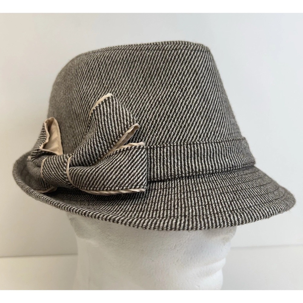 WORLD MARKET Women's Fedora Hat Striped Tweed Brown Tan Layered Bow OSFM Cap
